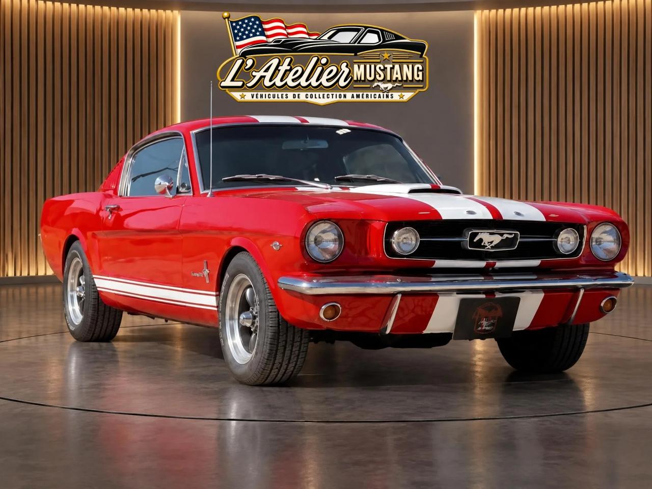 FORD MUSTANG FASTBACK 289 CI V8 1965 ROUGE BANDES BLANCHES