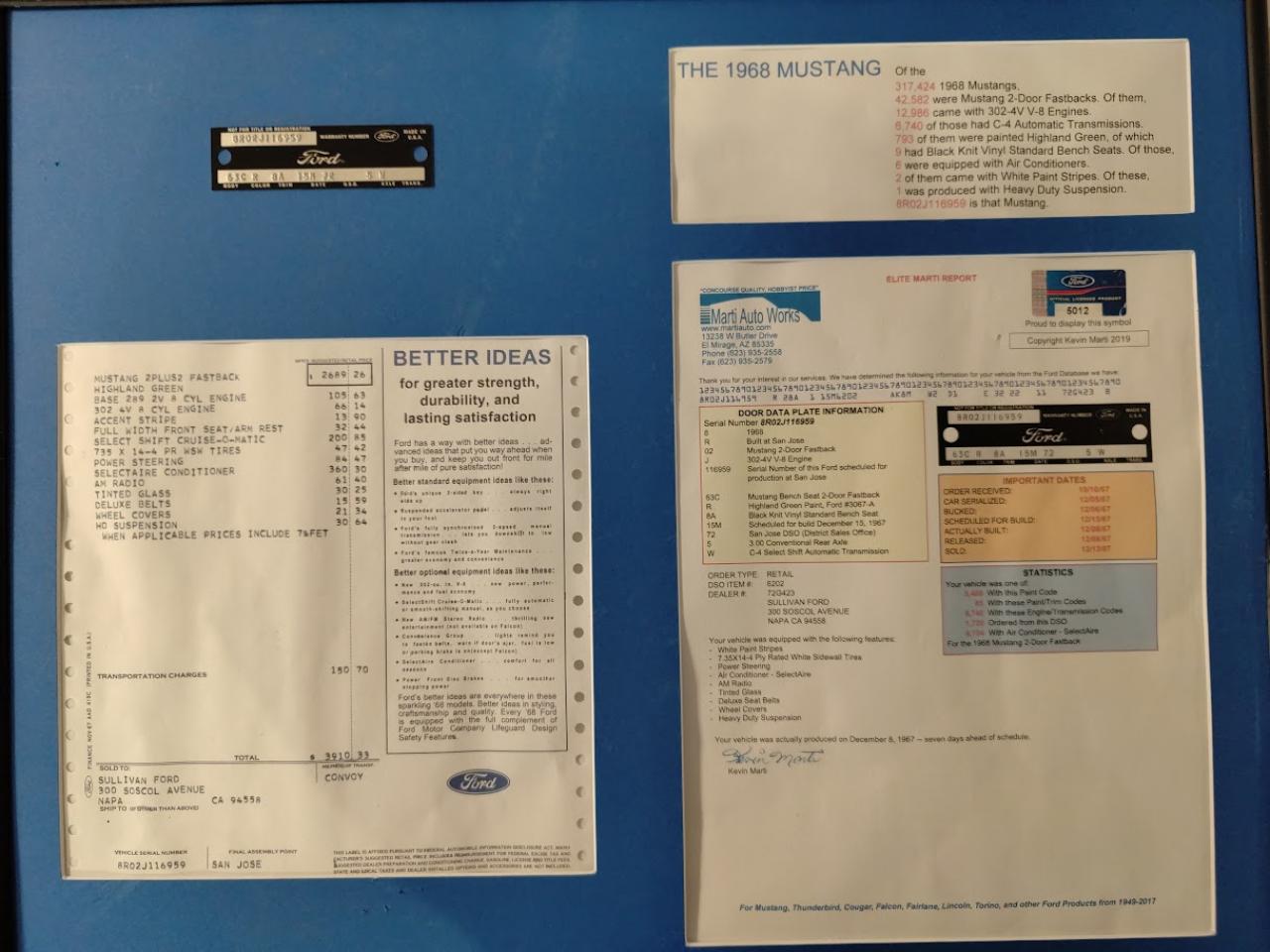 FORD MUSTANG FASTBACK d\'origine Highland Green,302 code J + Historique complet